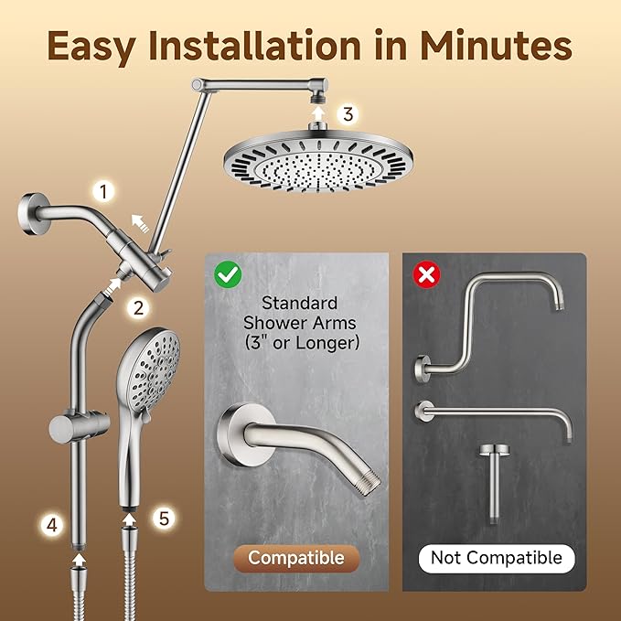 BRIGHT SHOWERS Rain Shower Head with Handheld Spray, High Pressure Dual Shower Head, Adjustable Extension Arm & Slide Bar, 9 Spray Modes Built-in Power Wash, 3-Way Diverter, 69" Hose, Brushed Nickel