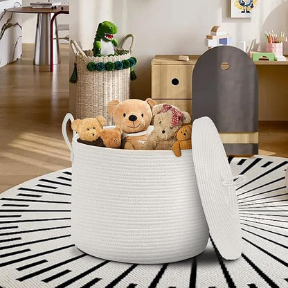 18" X 18" X 14" Extra Large White Basket with Lid, Woven Cotton Rope Basket for Blankets for Living Room, Kids Toy Storage Bin, Wicker Bathroom Towel Storage, All White Bins for Organizing