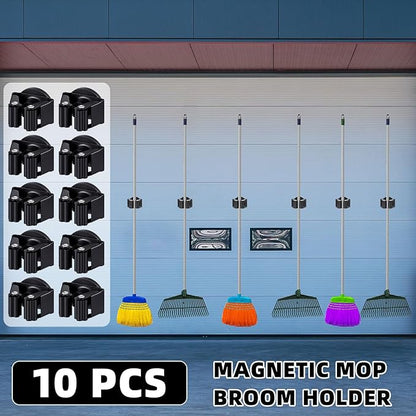 Vercraft 10 Pcs Magnetic Mop Broom Holder Movable Magnetic Broom Holder Rack, Anti Slip Wall Mounted Utility for Cleaning Tools, Garage, Kitchen, Laundry, Garden (Black)