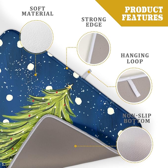 Christmas Tree Dish Drying Mat 18 x 24 Inch With Absorbent Reversible Microfiber Navy Blue Green Xmas Snowflake Drying Mats Winter Holiday Dish Drainer Mat Fast Dry For Kitchen Dining Room Decoration