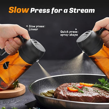 2 in 1 Oil Sprayer for Cooking, Olive Oil Dispenser Bottle for Kitchen Spray and Pour, 16oz/470ml Light-Blocking Dark Amber Glass Brown Bottle, Food-Grade Oil Mister for Air Fryer Green Cap