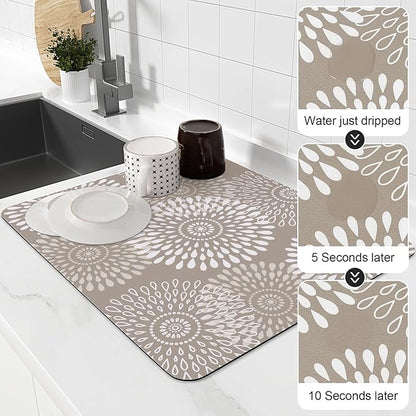LuxStep Dish Drying Mat Super Absorbent Kitchen Counter Mat Rubber Backing Draining Mat Easy to Clean Kitchen Accessories Dish Rack Pad for Dishes, Utensils, Countertops, Sinks 15" x 18" Khaki