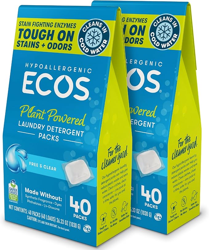 ECOS Laundry Detergent Packs, 80 Loads - 100% Plastic Free Packaging - Convenient No Mess Washing Soap Packs - Hypoallergenic for Sensitive Skin - Free & Clear