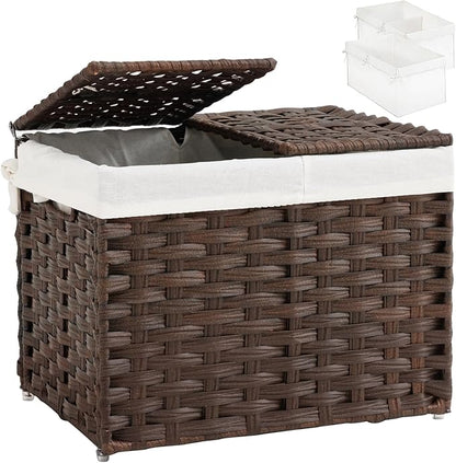Storage Basket with Lid Woven Wicker Baskets with 2 Separate Lid, 9.2 Gallon (35 L) Wicker Storage Bins with Handles, Foldable and 2 Removable Liner Bags for Bedroom, Laundry Room Brown