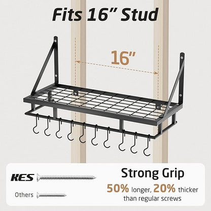 KES 24 Inch Kitchen Pot Pan Rack Wall Mounted Hanging Storage Organizer Wall Shelf With Hooks Matte Black, KUR215S60-BK