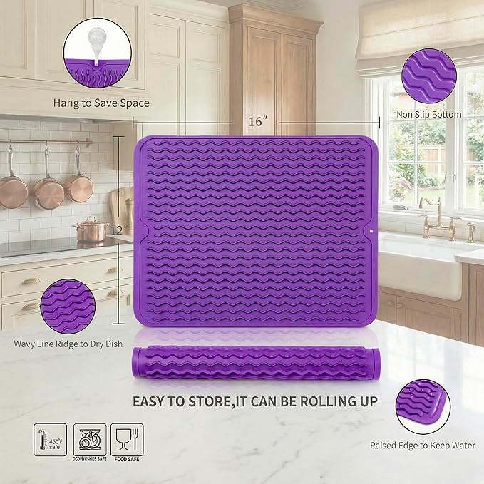 MicoYang Silicone Dish Drying Mat for Multiple Usage,Easy clean,Eco-friendly,Heat-resistant Silicone Mat for Kitchen Counter or Sink,Refrigerator or drawer liner Purple L 16 inches x 12 inches