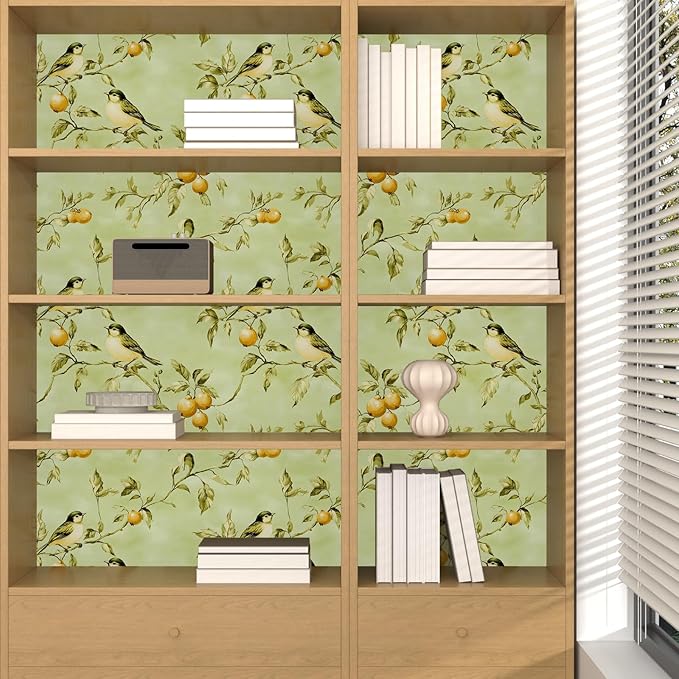 Green Bird Wallpaper Peel and Stick, Vintage Botanical Fruits Contact Paper, Retro Floral Boho Wall Paper Self Adhesive Removable Waterproof for Bedroom Walls Shelf Cabinet Drawer Table 17.5" x 118"