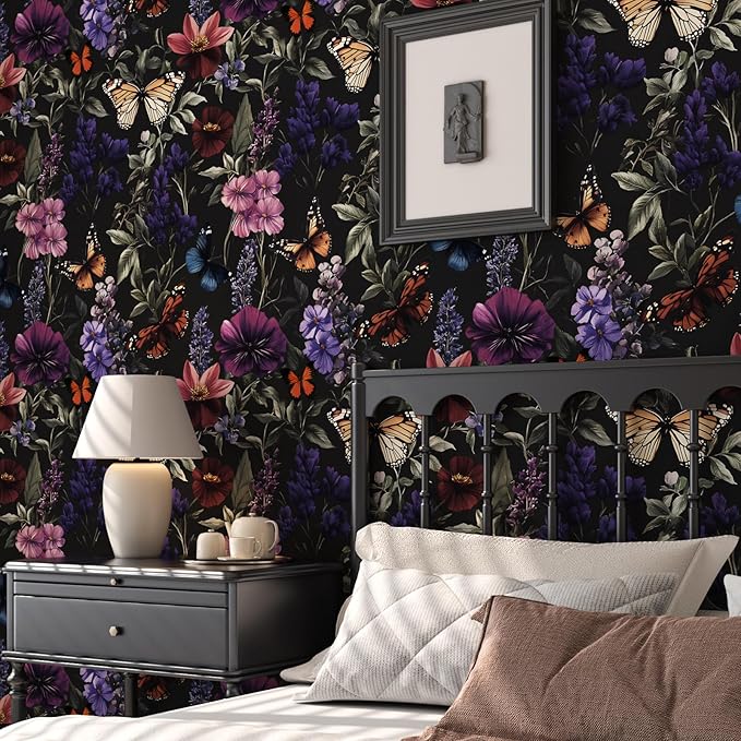Vintage Floarl Butterfly Wallpaper Peelable, Dark Black Flower Design Self Adhesive Removable Wall Paper for Bedroom Cabinet Kitchen, Vinyl Gothic Contact Paper 17.5In x 118In Dark Colorful