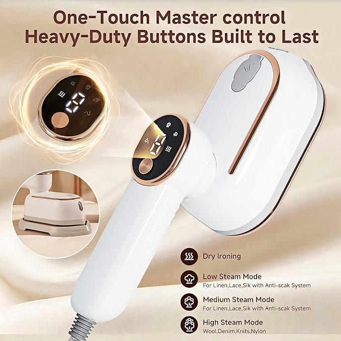Travel Steamer, Steamer for Clothes, 1200W Clothes Steamer with 10-Second Fast Heat Up, LED Display and 180° Rotatable Handle, Ceramic Soleplate for Travel Home and Office