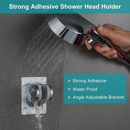 Handheld Shower Head with on off Switch&Built-in Power Spray,7-Setting High Pressure Spray Shower Wand with 79in Long Hose&Bracket and Extra Adhesive Shower Holder for Lower Mount,Chrome