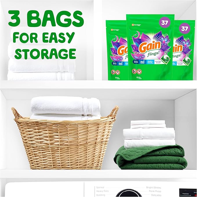 Gain Flings! 3-in-1 Laundry Detergent Soap Pods, Moonlight Breeze Scent, 3 Bag Value Pack, 111 Count, HE Compatible, 37 Count (Pack of 3)