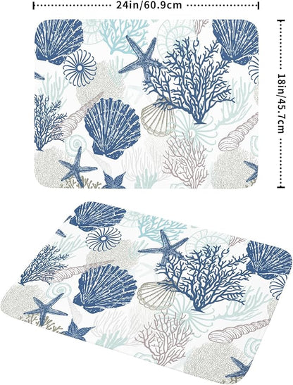 Summer Navy Blue Dish Drying Mat for Kitchen Counter 18×24 Inch Coral Drainer Pad Washable Starfish Dish Rack Pad Drainer Mat Beach Absorbent Reversible Microfiber Dish Drying Pad for Coffee Bar