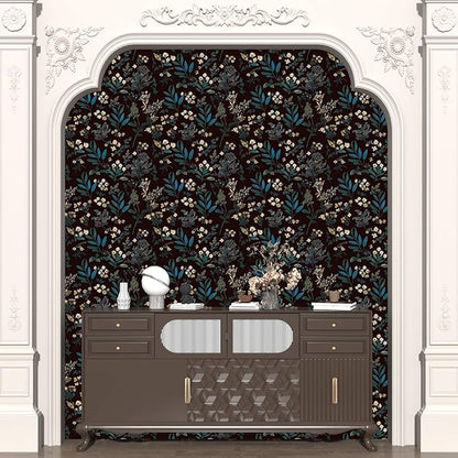 Laatse Vintage Green Wallpaper Peel and Stick Dark Floral Wallpaper 17.5'' x 393'' Green Leaf Contact Paper Vinyl Waterproof Self Adhesive Boho Botanical Wall Paper for Bedroom Cabinet Décor