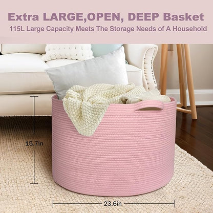 115L Oversized Pink Basket, 23.6"x15.7" Woven Cotton Rope Bin with Handles, XXXL Blanket Storage for Living Room, Kids Toy Storage Bin Box, Baby Laundry Basket for Organizing, Pink Room Decor