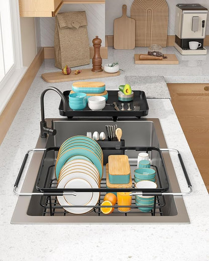 Sakugi Extendable Dish Drying Rack Over Sink with Dish Drainer, Sink Organization and Storage Essentials with Silverware & Utensil Holder, Home and Apartment Decor, 12" W x 16.1~23" L, Black