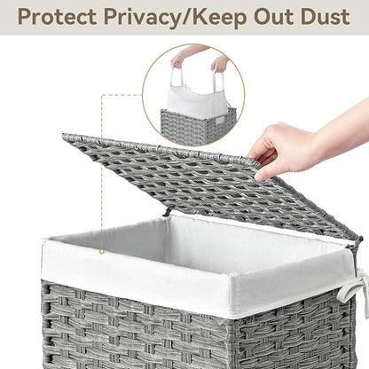 Chrislley 90L Slim Laundry Hamper with Wheels, Rolling Laundry Basket with Lid and Renovable Liner Bag, Handwoven Rattan Organizer for bedroom, bathroom, laundry room (Grey)