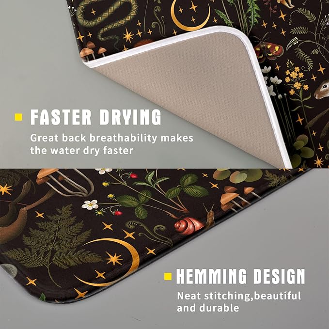 Black Mushrooms Butterfly Dish Drying Pad 16 x 18 Inch With Absorbent Reversible Microfiber Forest Wild Animals Flowers Moon Star Drying Mats Dish Drainer Mat Fast Dry For Kitchen Dining Room