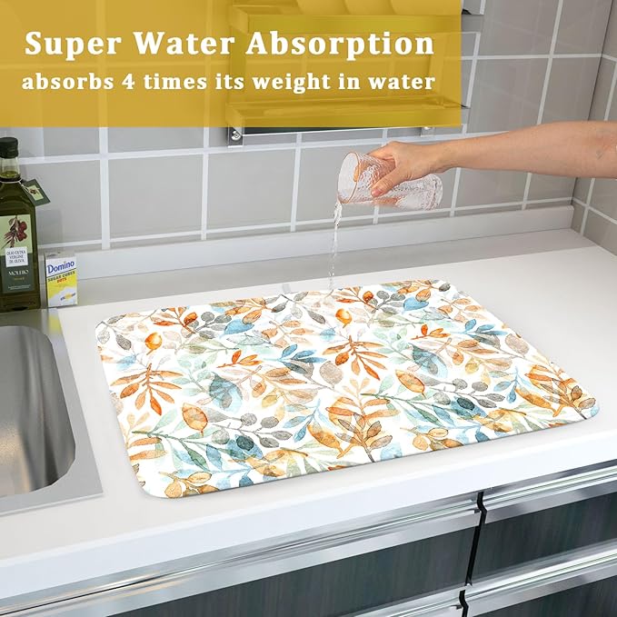 Fall Eucalyptus Leaf Dish Drying Mat 18 x 24 Inch With Absorbent Reversible Microfiber Orange Blue Leaves Autumn Drying Mats Thanksgiving Dish Drainer Mat Fast Dry For Kitchen Dining Room Decoration