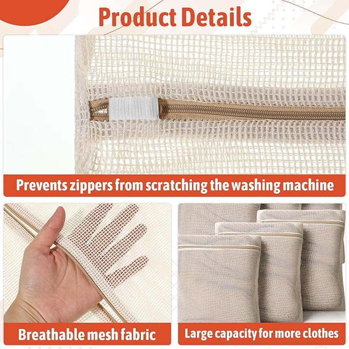 6 Piece Organic Cotton Mesh Laundry Bag Bulk, Durable Mesh Wash Bags with Sturdy Zippers and Breathable Meshes, for Underwear, Clothes, Shoes, Socks, 15.7 * 19.7Inch
