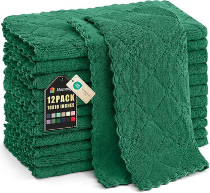 Homaxy 12 Pack Kitchen Dish Cloths (10 x 10 Inches, Dark Green), Super Soft and Absorbent Coral Velvet Dish Towels, Nonstick Oil Fast Drying Microfiber Cleaning Cloth, No Lint Household Dishcloths