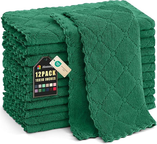Homaxy 12 Pack Kitchen Dish Cloths (10 x 10 Inches, Dark Green), Super Soft and Absorbent Coral Velvet Dish Towels, Nonstick Oil Fast Drying Microfiber Cleaning Cloth, No Lint Household Dishcloths