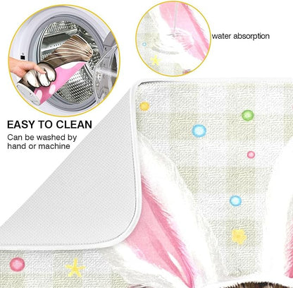 Happy Easter Day Pink Dish Drying Mat Quick Absorbent 16x18 Easter Bunny Rabbit Eggs Butterfly Lily Flowers Kitchen Drying Mat for Countertop Sink Reusable Dishes Mats Kitchen Essentials