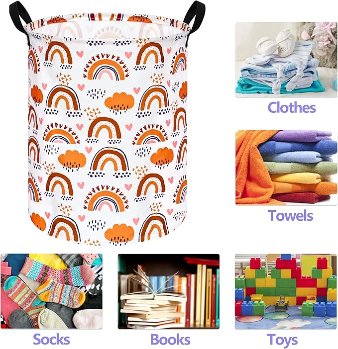 19.7 Inch Round Laundry Clothes Hamper Laundry Basket with Handles,Storage Organizer Bins Laundry Gift Basket for Room, Bedroom Decor (Rainbow)