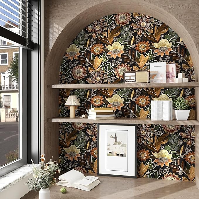 Laatse Boho Wallpaper Peel and Stick Dark Floral Wallpaper for Cabinet Vintage Contact Paper Waterproof Self Adhesive Removable Modern Wall Paper for Bedroom Stair Bathroom 17.5in x393in