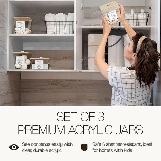 3 Pack Acrylic Laundry Room Organization Containers with Gold & Wood Knobs – Laundry Pods Container & Detergent Organizer Set | Clear Laundry Jars | Scoops & Customizable Labels | Storage Canisters