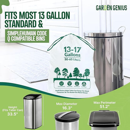 Biodegradable 13-17 Gallon Code-Q Trash Bags (50 Pack) | Strong Heavy-Duty Tall White Kitchen Bags w/Drawstring | Fits Simplehuman & Standard Cans | Eco-Friendly D2W, 30 Micron Thick | 25.6" x 33.5"