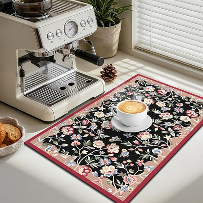 LOKHOM Floral Dish Drying Mat, 12"x20" Super Absorbent Non-slip Bordered Coffee Mat with Oil Painting Black Floral, Cuttable Hide Stain Drying Mat for Kitchen Counter Coffee Maker Espresso Machine
