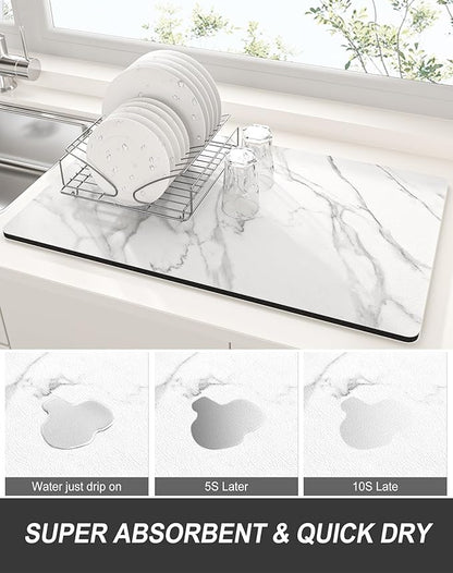 Rnivvi Dish Drying Mat for Kitchen Counter, XL 15 x 24" Cute Marble Super Absorbent Draining Pad, Non-Slip Heat Resistant Coffee Bar Mats for Coffee Machine Station Accessories, White Dish Rack Pad