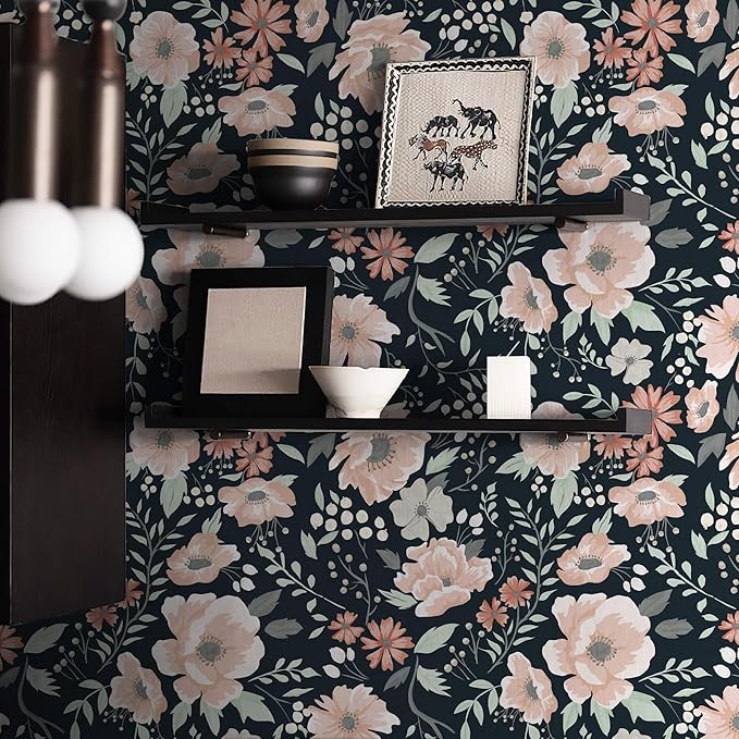 Heroad Brand Retro Floral Peel and Stick Wallpaper Dark Blue Floral Contact Paper for Cabinets Waterproof Navy Blue Wallpaper Removable Self Adhesive Drawer Liner Decoration Wall Paper 16.1"x78.7"