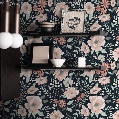 Heroad Brand Retro Floral Peel and Stick Wallpaper Dark Blue Floral Contact Paper for Cabinets Waterproof Navy Blue Wallpaper Removable Self Adhesive Drawer Liner Decoration Wall Paper 16.1"x78.7"