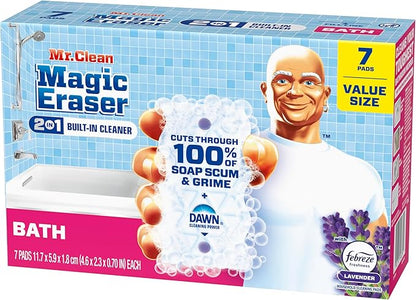 Mr. Clean Magic Eraser Sponge, Bathroom Cleaner, Shower Cleaner, Tub Cleaner, Soap Scum Remover, Bathroom Cleaning Supplies, Dawn Cleaning Power with Febreze Lavender Scent, 2 in 1 Bath, 7ct