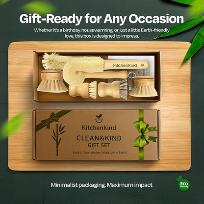 Clean & Kind Gift Set – Premium 6-Piece Eco-Friendly Bamboo Kitchen Brush Set with Natural Bristles & Wooden Handles