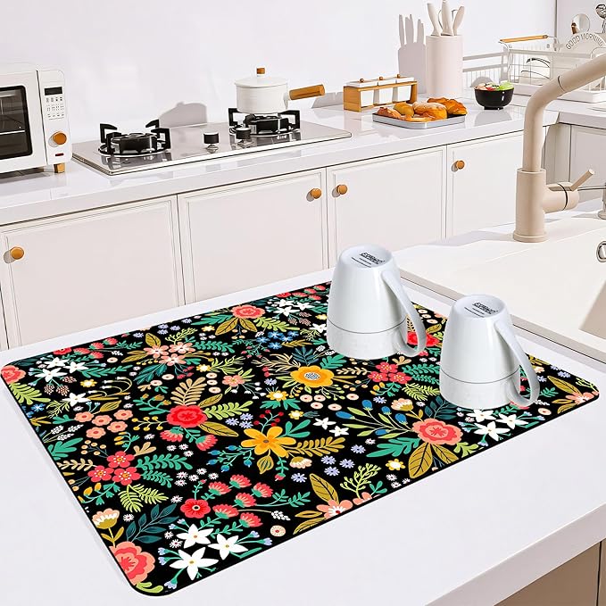 Dish Drying Mat for Multiple Usage. Super Absorbent, Easy clean, Quick dry, Cocina Accesorios for Kitchen Counter or Faucet Sink, Coffee bar, Refrigerator or Air fryer liners, 1 Pack wildflowers