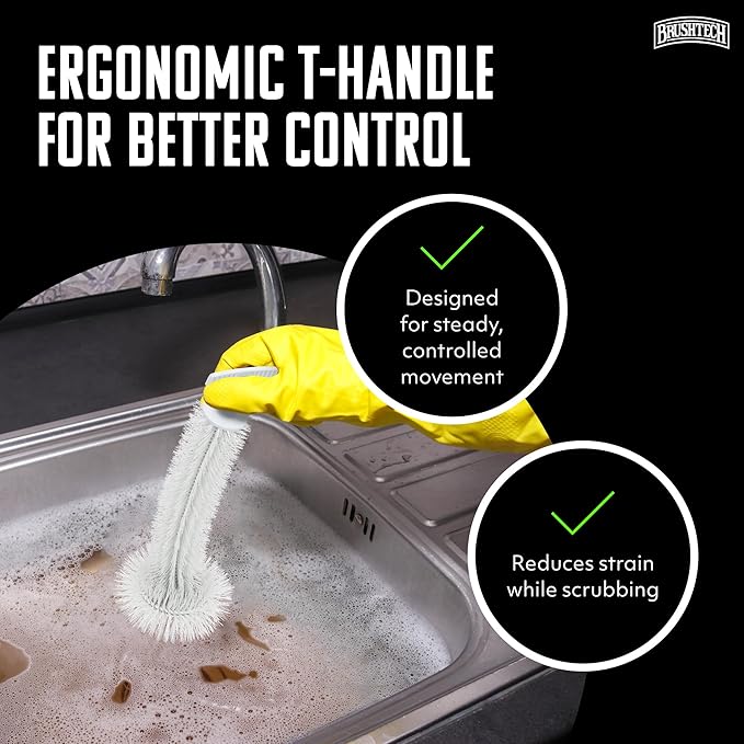 Brushtech Kitchen Sink Disposal Brush - Ergonomic T-Handle Cleaner with Rounded Bristles Designed to Remove Odor-Causing Debris from Sink Drains & Garbage Disposals - Made in USA
