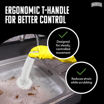 Brushtech Kitchen Sink Disposal Brush - Ergonomic T-Handle Cleaner with Rounded Bristles Designed to Remove Odor-Causing Debris from Sink Drains & Garbage Disposals - Made in USA
