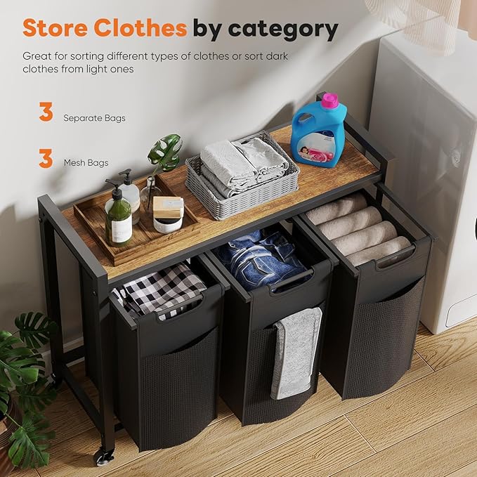 Laundry Sorter 3 Section, 3 × 10.6 Gal (120L) Rolling Laundry Basket with Pull-Out Removable Bags & Movable Wheels,Clothes Separator Hamper Cart for Laundry Room, Bathroom and Bedroom Organizer