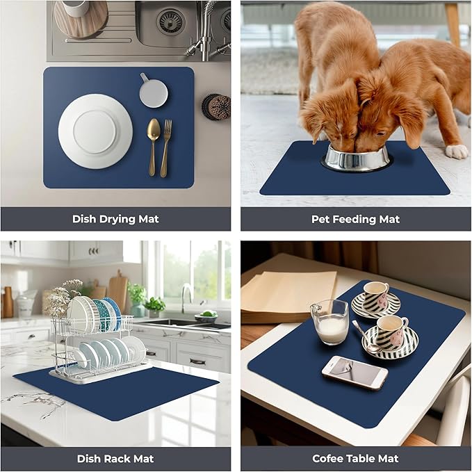 Dish Drying Mat Super Absorbent – 24" x 16" Coffee Mat for Countertops – Non-Slip Drying Mat for Kitchen Counter – Easy to Clean Water Absorbent Mat – Large Dish Drying Mats (Navy Blue)