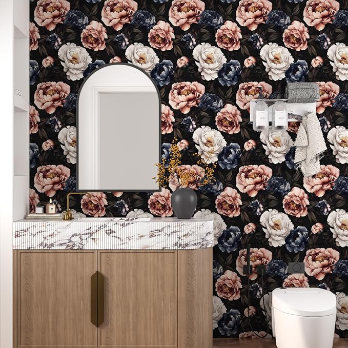 Fvlow Vintage Floral Wallpaper Peel and Stick Dark Black White Red Rose Flowers Wall Paper 17.4" x 394" Waterproof Self Adhesive Removable Contact Paper for Bedroom Cabinets Table Drawers Home Decor