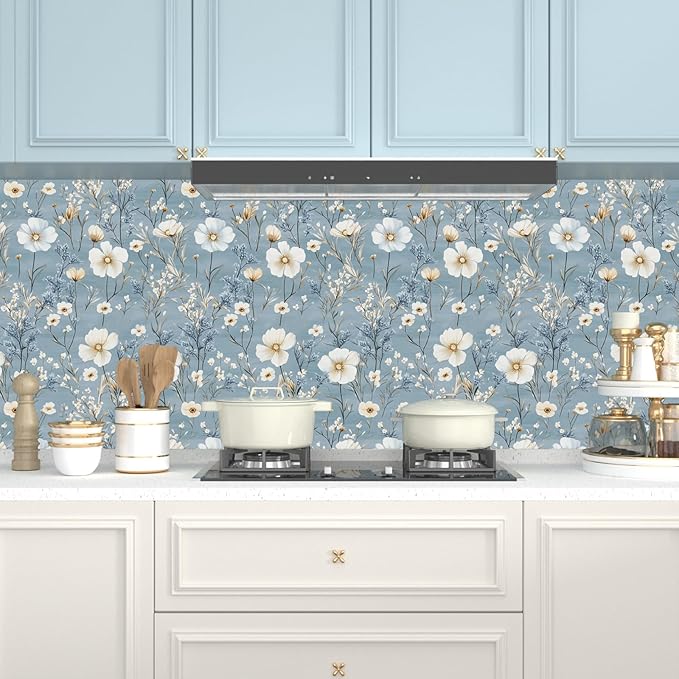 Laatse Blue Floral Peel and Stick Wallpaper White Botanical Contact Paper Vintage Leaf Wall Mural for Bedroom Bathroom Vinyl Waterproof Self Adhesive Removable Renter Dorm Wall Paper 17.5" x 118"