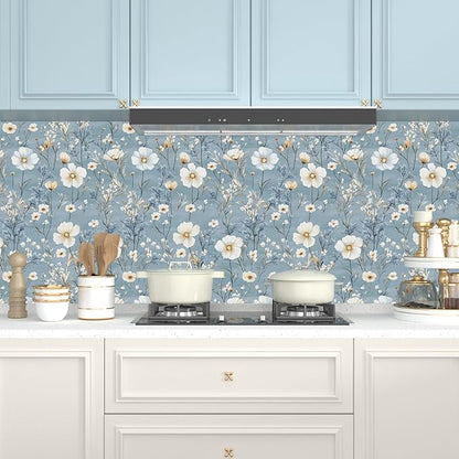 Laatse Blue Floral Peel and Stick Wallpaper White Botanical Contact Paper Vintage Leaf Wall Mural for Bedroom Bathroom Vinyl Waterproof Self Adhesive Removable Renter Dorm Wall Paper 17.5" x 118"