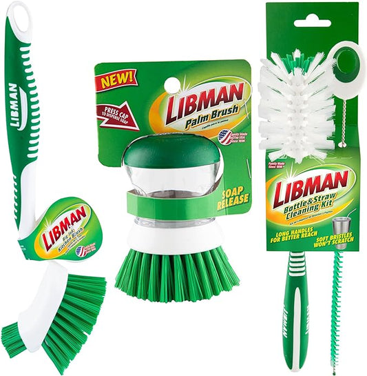 Libman Bottle & Dish Brush Kit | Cleaning Brushes for Kitchen Use | Straw Brush | Scrub Brushes for Dishes | Big Job Kitchen Brush | Palm Scrub Brush | 3 Different Brushes & Straw Cleaner Included
