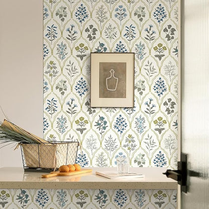 Dimoon 78.7"x17.3" Peel and Stick Wallpaper Contact Paper Floral Modern Removable Wallpaper Beige Wall Paper Self Adhesive Boho Contactpaper for Cabinets Drawers Blue Vintage Bedroom Thicken Vinyl