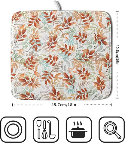 Fall Dish Drying Mat for Kitchen Counter 16x18 Burnt Orange Leaves Autumn Harvest Theme Thanksgiving Absorbent Reversible Microfiber Drying Mats Kitchen Countertop Protector Dishes Drainer Pad