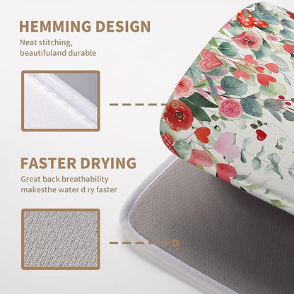 Valentines Day Love Heart Rose Eucalyptus Leaves Dish Drying Mat for Kitchen Counter 18x24 Inch Spring Valentine Microfiber Absorbent Dish Drainer Mats Reversible Drying Pad