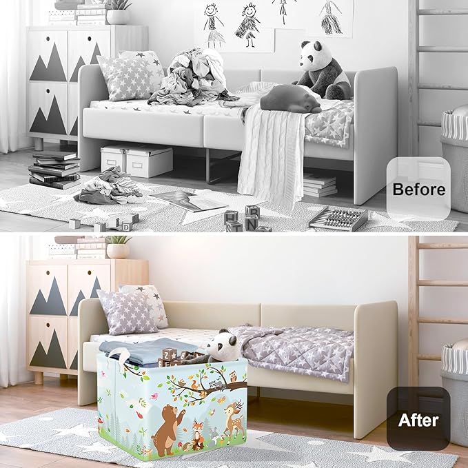 Forest Animals Laundry Hamper Woodland Tree Large Storage Basket Parents Organizer Kids Clothes Toy Bins for Bedroom, Bathroom, Hedgehog, 36L