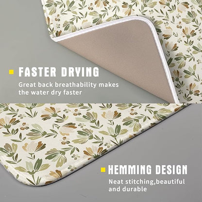 Spring Summer Daisy Floral Leaf Dish Drying Pad 16 x 18 Inch With Absorbent Reversible Microfiber Green Brown Leaves Flowers Drying Mats Dish Drainer Mat Fast Dry For Kitchen Dining Room Decoration